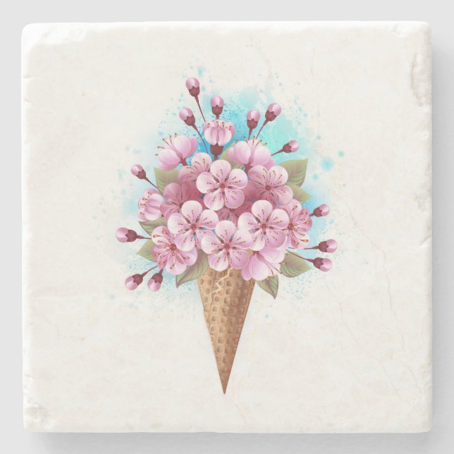 Porta-copo De Pedra Sorvete Waffle Rosa Sakura Cone (Frente)