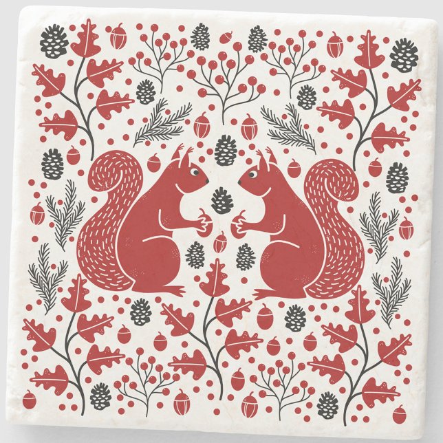 Porta-copo De Pedra Squirrels in the Forest Art (Squirrel in the Forest folk art woodland nature wildlife stone coaster)