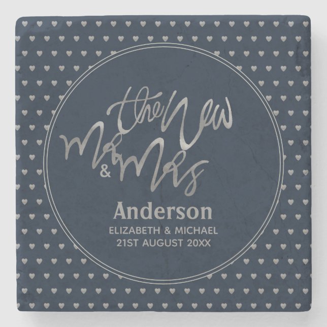 Porta-copo De Pedra Sr. e Sra. Marinho de Casamento Blue Silver Hearts (Frente)