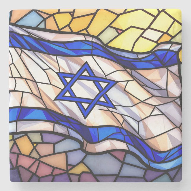 Porta-copo De Pedra Stained Glass Israel Flag Mosaic Judaica Art  (Frente)