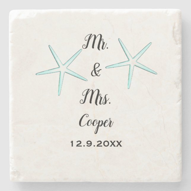 Porta-copo De Pedra Starfish Custom Casal Name Beach Wedding Trendy (Frente)