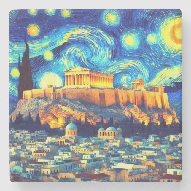 Porta-copo De Pedra Starry Night Acropolis Athens Grécia (Frente)