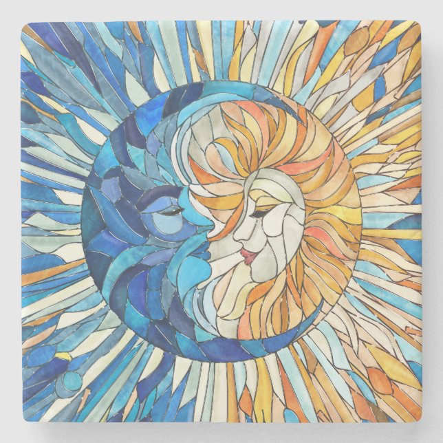 Porta-copo De Pedra Sun e Moon Mosaico Art (Frente)