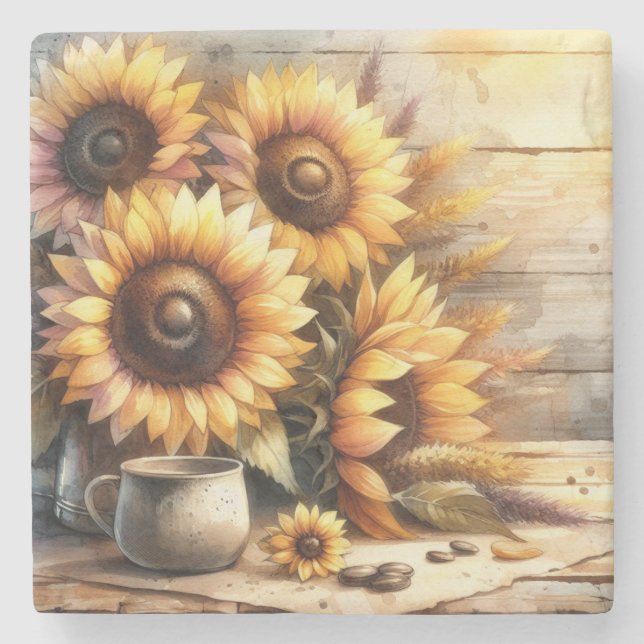 Porta-copo De Pedra Sunflowers Watercolor Painting (Frente)
