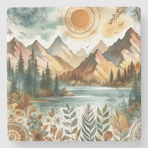 Porta-copo De Pedra Sunny Rustic Boho Nature Pattern Mountain Lake