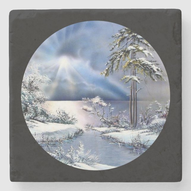 Porta-copo De Pedra Sunset de inverno sobre a água (Frente)