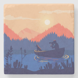Porta-copo De Pedra Sunset Lake Canoe Illustration