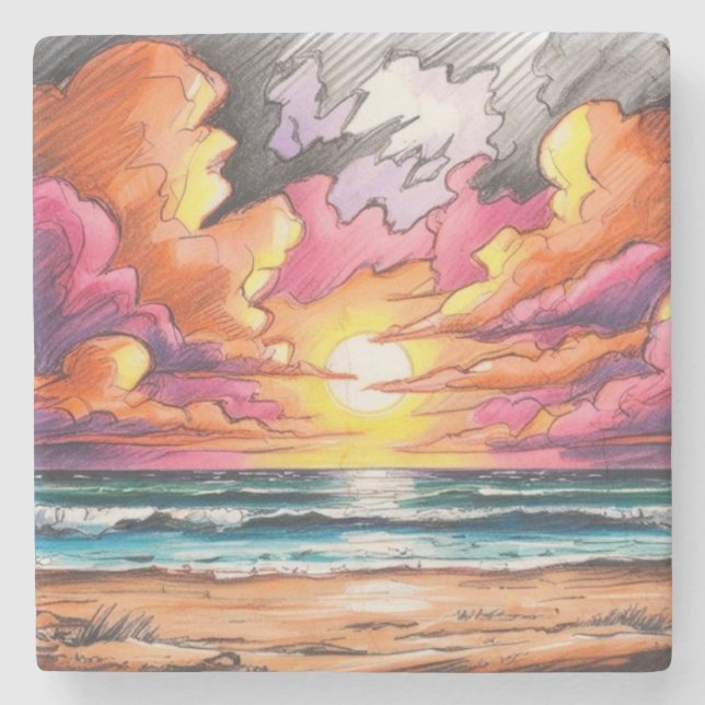 Porta-copo De Pedra Sunset na praia (Frente)