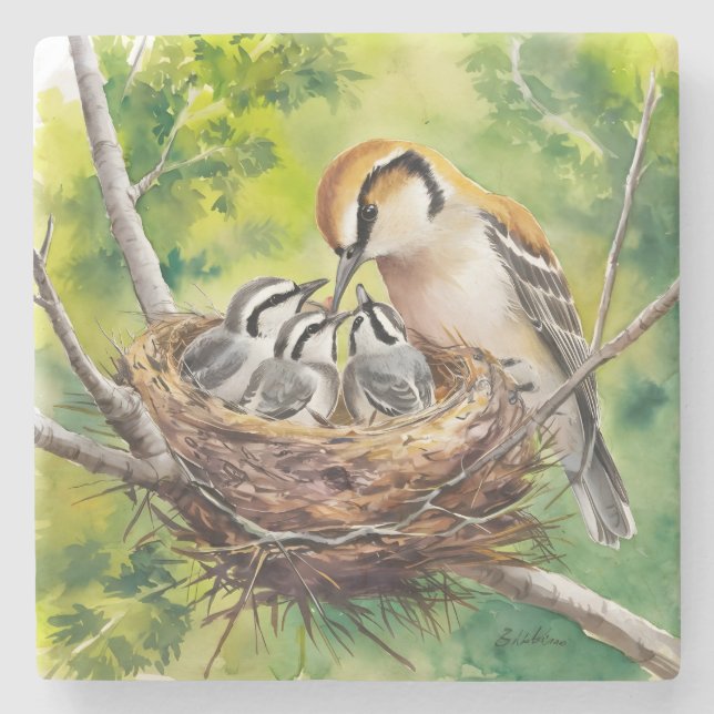 Porta-copo De Pedra Sweet bird nest painting (Frente)