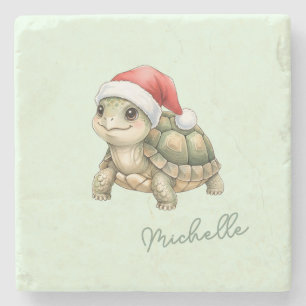 Porta-copo De Pedra Tartaruga de Natal em Aquarela com Chapéu de Papai