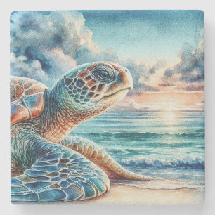Porta-copo De Pedra Tartaruga Marinha Verde em Aquarela na Praia Areno