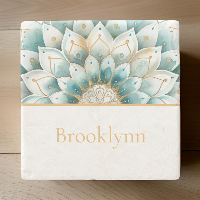 Porta-copo De Pedra Teal Blue Dourado Floral Mandala Personalizado (Criador carregado)