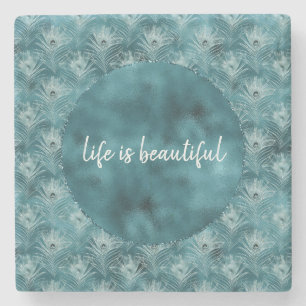 Porta-copo De Pedra Teal Glitzy Glam Peacock Penas