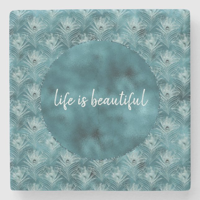 Porta-copo De Pedra Teal Glitzy Glam Peacock Penas (Frente)