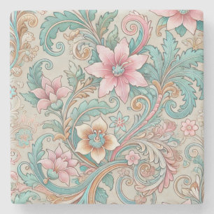Porta-copo De Pedra Teal Rosa Boho Indonésio Batik Floral Watercolor