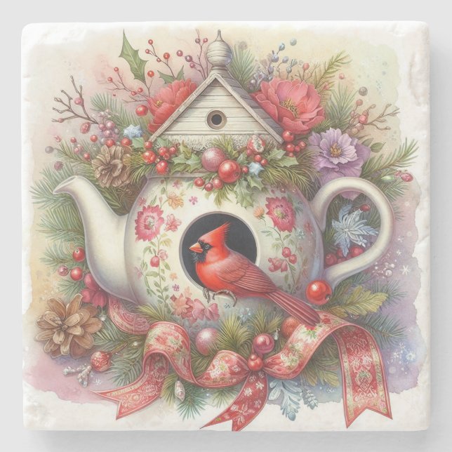 Porta-copo De Pedra Teapot Birdhouse Cardinal 2 (Frente)