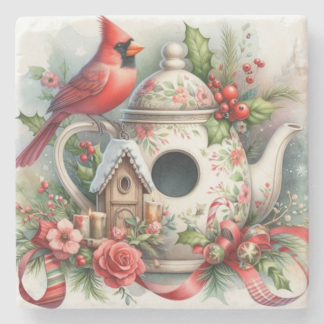 Porta-copo De Pedra Teapot Birdhouse Cardinal 7 (Frente)