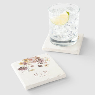 Porta-copo De Pedra Terracotta Fall Floral Monograma Casamento