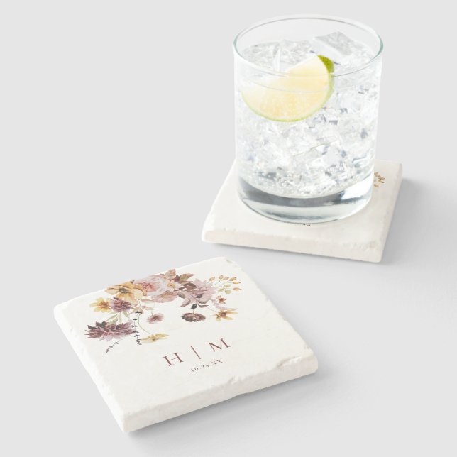 Porta-copo De Pedra Terracotta Fall Floral Monograma Casamento (Lateral)