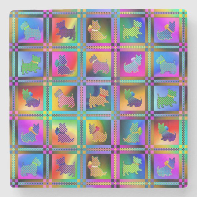 Porta-copo De Pedra Terrier Silhouettes em um padrão de quadro de veri (Frente)