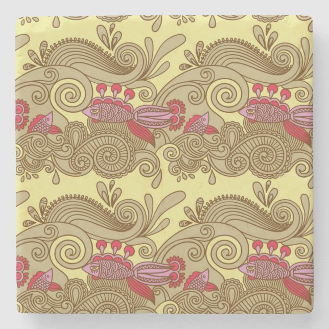 Porta-copo De Pedra Teste padrão com peixes e onda (Frente)