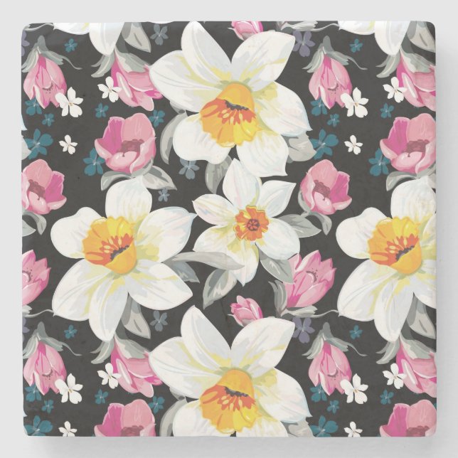 Porta-copo De Pedra Teste padrão da elegância com flores do narciso (Frente)