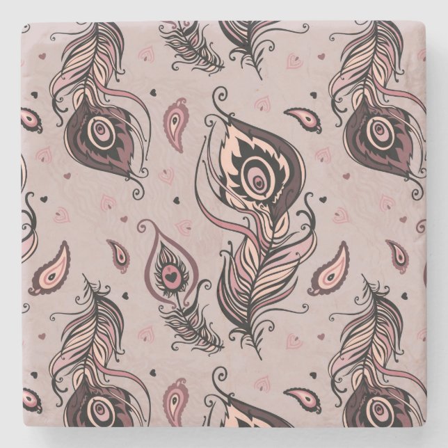 Porta-copo De Pedra Teste padrão da pena do pavão (Frente)