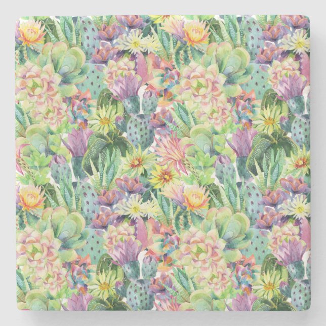 Porta-copo De Pedra Teste padrão de florescência exótico dos cactos da (Frente)
