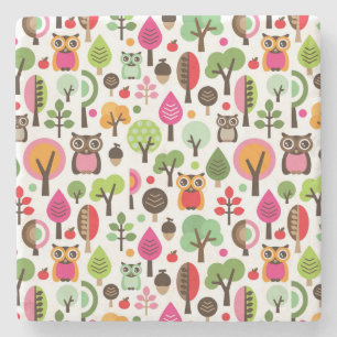 Porta-copo De Pedra teste padrão retro da coruja da árvore cor-de-ro