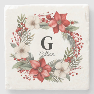Porta-copo De Pedra Texto inicial personalizado Nome Wreath de Natal P