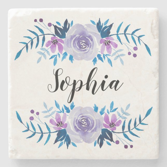 Porta-copo De Pedra Texto Personalizado de Texto Floral Púrpura Azul-C (Frente)