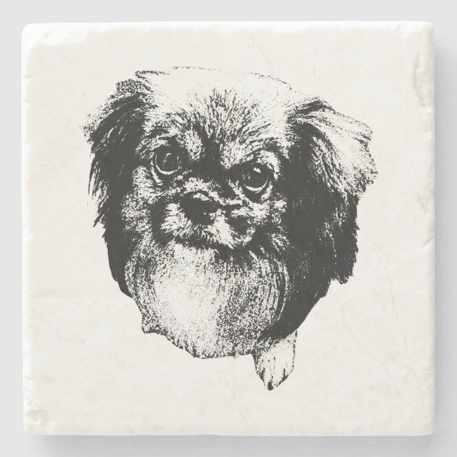 Porta-copo De Pedra Tibetan Spaniel Coaster – Monochrome Dog Art (Frente)