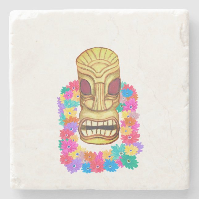 Porta-copo De Pedra Tiki Head Havaiian Lei (Frente)