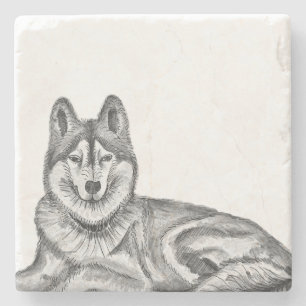 Porta-copo De Pedra Tinta preta e branca e Siberian Husky em aquarela