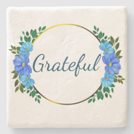Porta-copo De Pedra Típica Grateful Floral Texto azul Simples