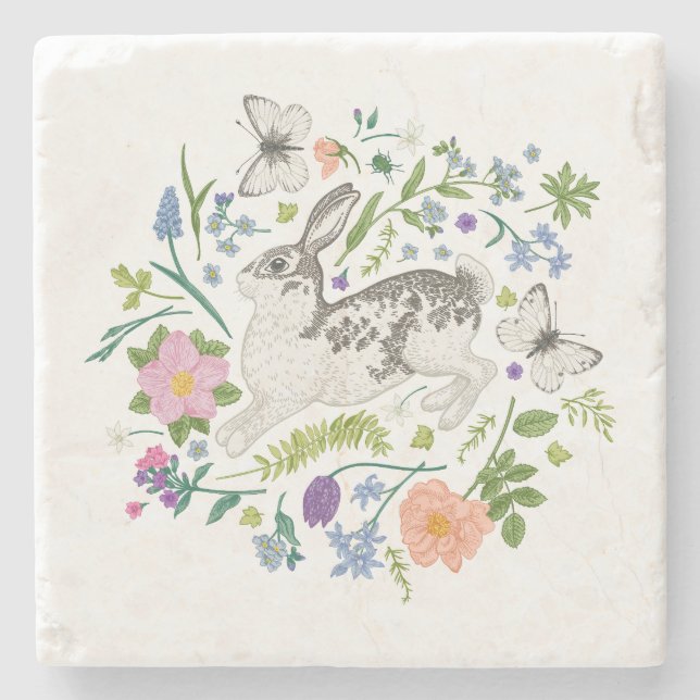 Porta-copo De Pedra Travesseiro decorativo Bunny and Spring Flowers (Frente)