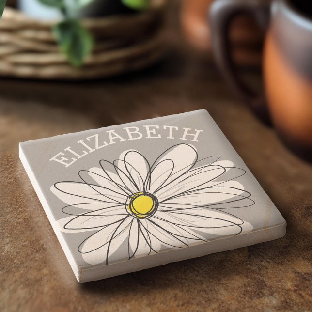 Porta-copo De Pedra Trendy Daisy com cinza e amarelo (Custom Stone Coaster)