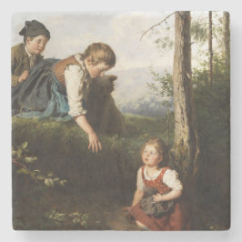 Porta-copo De Pedra Três Crianças Escolhendo Cerejas Selvagens na Flor