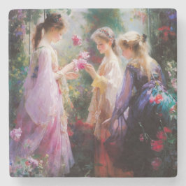 Porta-copo De Pedra Três garotas brincando num jardim