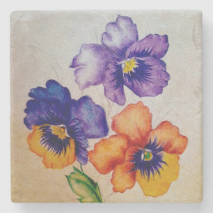 Porta-copo De Pedra Três vintage Flores Pansy e lápis coloridos
