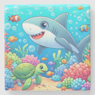 Porta-copo De Pedra Tubarão e tartaruga submarinos coloridos tropicais