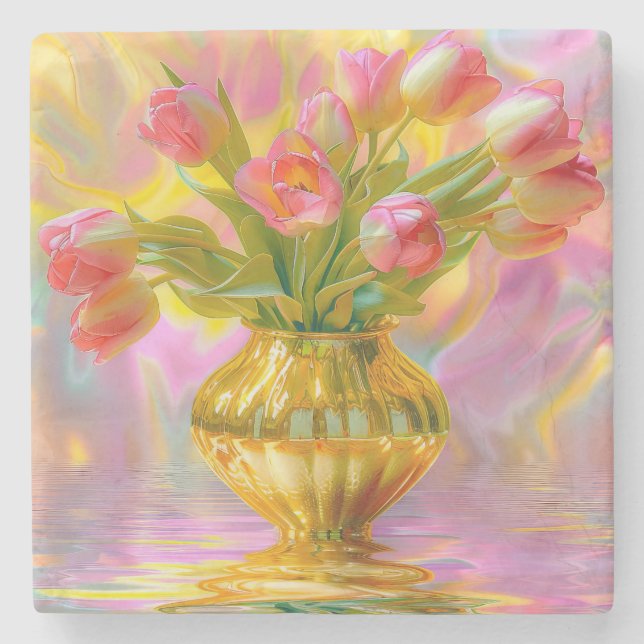 Porta-copo De Pedra Tulipas Rosa Vibrantes em Vase Ouro (Frente)
