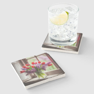 Porta-copo De Pedra Tulipas Vermelhas e Buquê Lilac