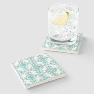 Porta-copo De Pedra Turquesa Aquática e Floral Damask Branco Fancy