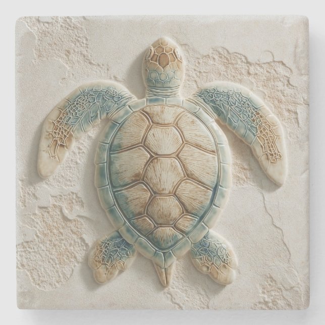 Porta-copo De Pedra Turquoise Sea Turtle Coastal Art (Frente)