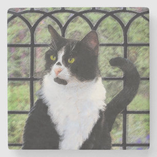 Porta-copo De Pedra Tuxedo Cat em Pintura de Janela Arte Animal Origin