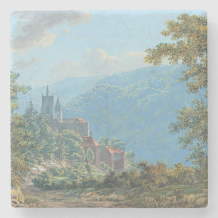 Porta-copo De Pedra Uma fortaleza numa paisagem de montanha no nascer