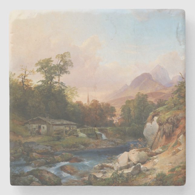 Porta-copo De Pedra Uma paisagem de montanha com um Smithy (Frente)