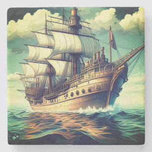 Porta-copo De Pedra Uma Pintura De Um Navio Com As Velas Para Baixo- 5