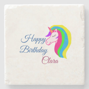 Porta-copo De Pedra Unicórnio rosa colorido feliz aniversário adiciona